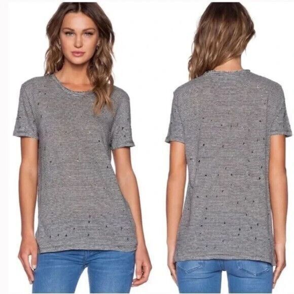 IRO‎ Gabry T-Shirt Womens Medium Black/White Striped Linen Distressed Top Casual - Picture 1 of 10
